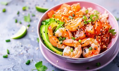 Shrimp and avocado poke bowl with sesame seeds on a pastel purple plate