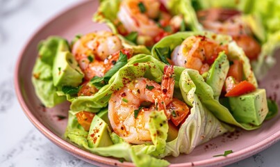 Shrimp and avocado salad wraps with lettuce on a pastel pink plate