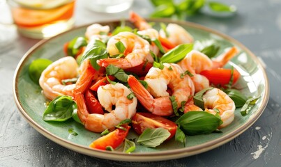 Shrimp and tomato salad with basil on a pastel green plate