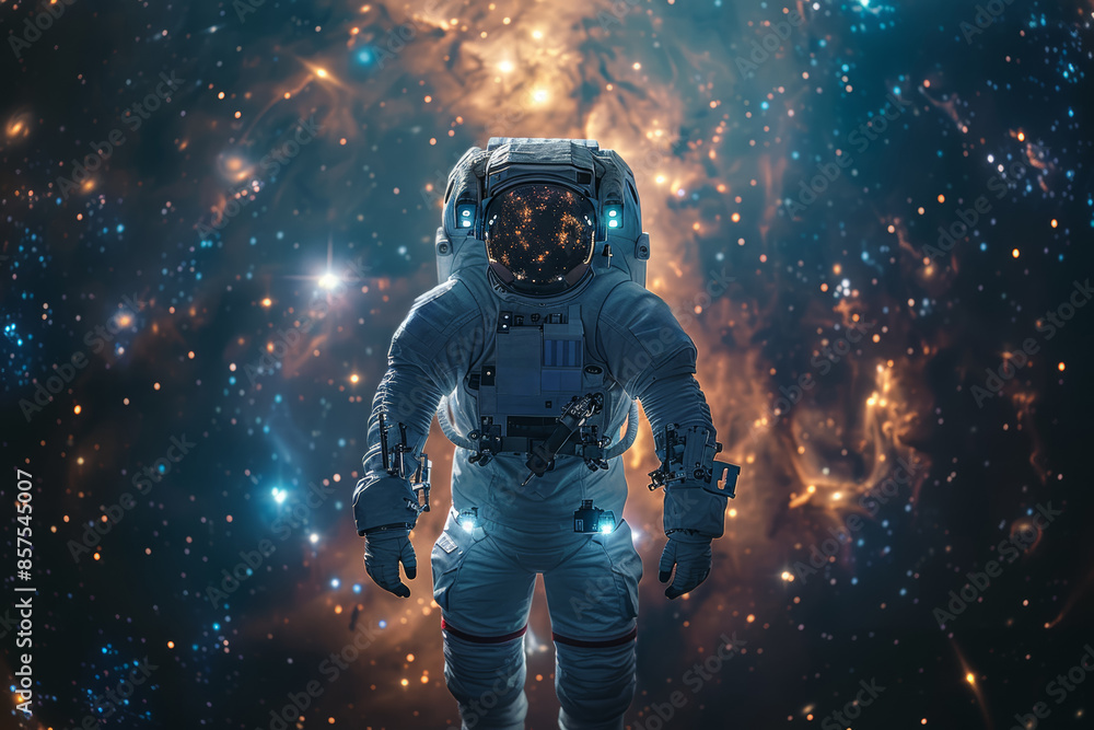 Poster an astronaut floating in the vast expanse of space, gazing at distant galaxies. concept of space exp