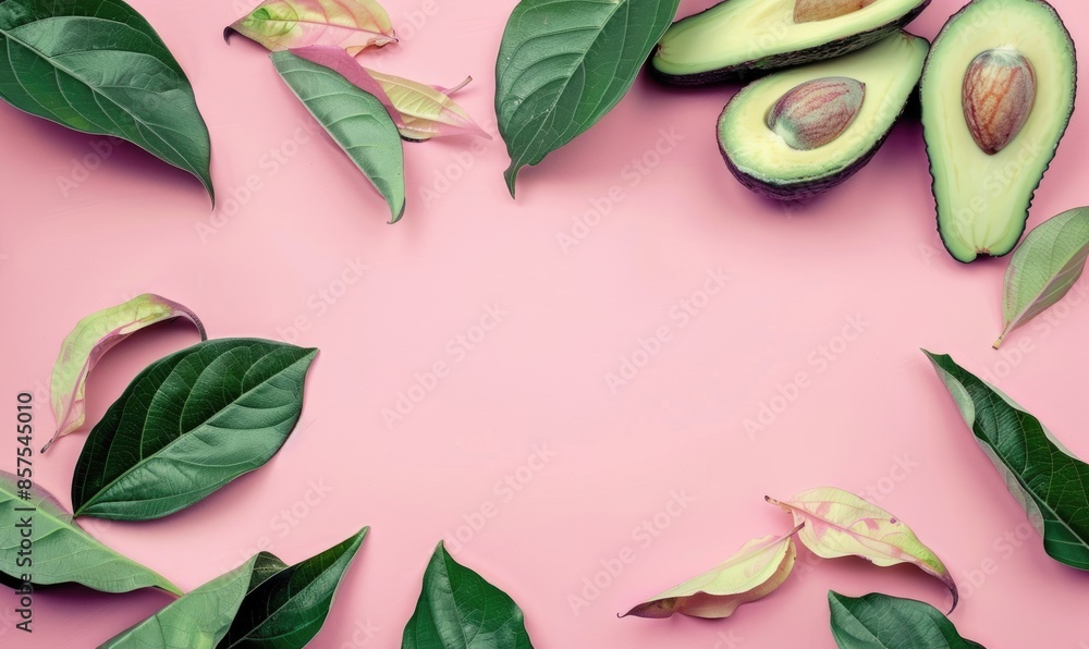 Wall mural Sliced avocado with leaves on a pastel pink background - Wall murals
