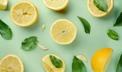 Fototapeta premium Sliced lemons with leaves on a light green background