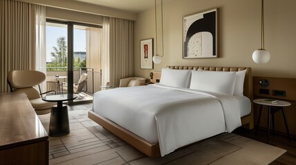 Bedroom interior is in the style of a modern luxury hotel resort, with soft bed linen and large glass windows.