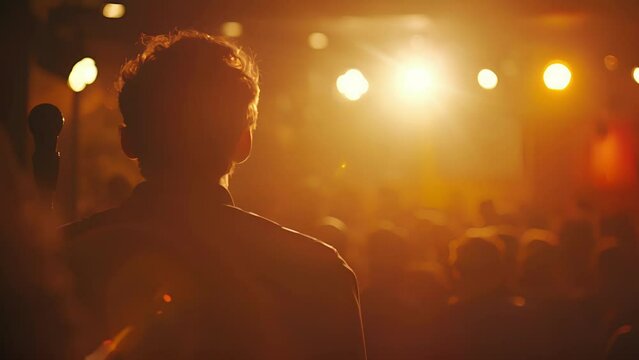 Hazy silhouettes of the open mic participants can be seen against the diffused glow of the stage lights.