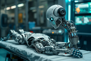 Fototapeta premium A robot performing intricate surgery with precision, showcasing medical advancements. Concept of robotics and healthcare. Generative Ai.