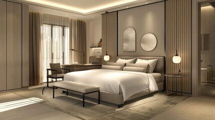 Bedroom interior is in the style of a modern luxury hotel resort, with soft bed linen and large glass windows.
