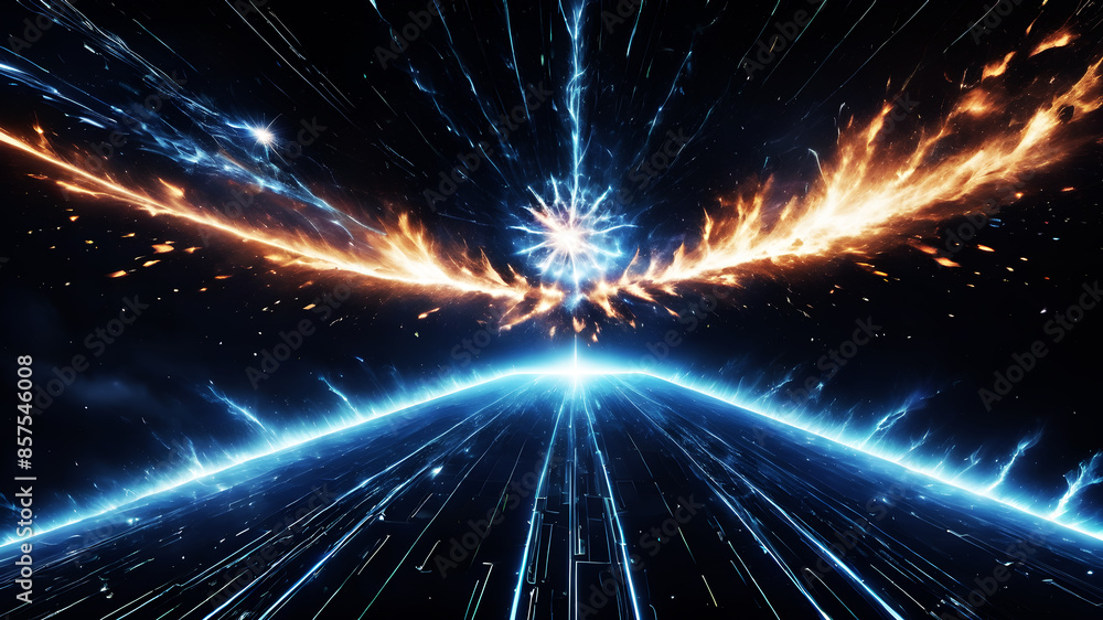 Poster a depiction of a digital network exploding outward from a central point. blue-toned lines and dots s