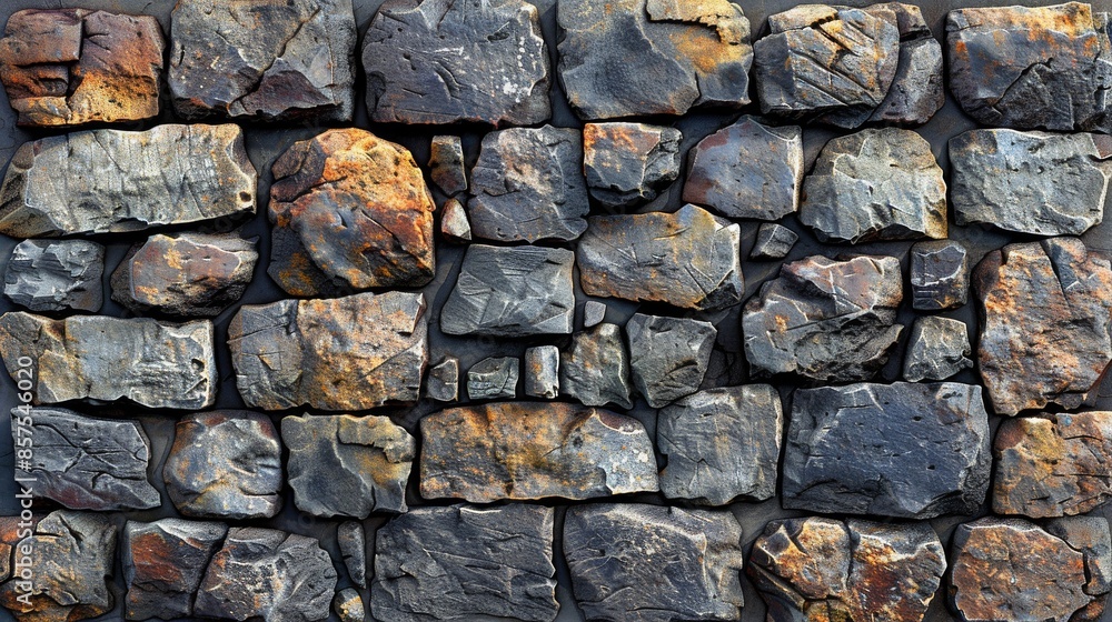 Poster a close-up view of an old weathered stone wall composed of large, rugged and textured rocks. the sto