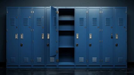 Empty Blue School Lockers with One Door Open, Generative AI