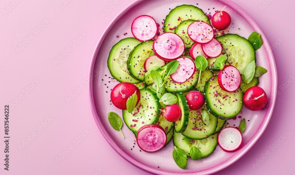 Wall mural avocado and radish salad on cucumber rounds on a pastel purple plate - Wall murals