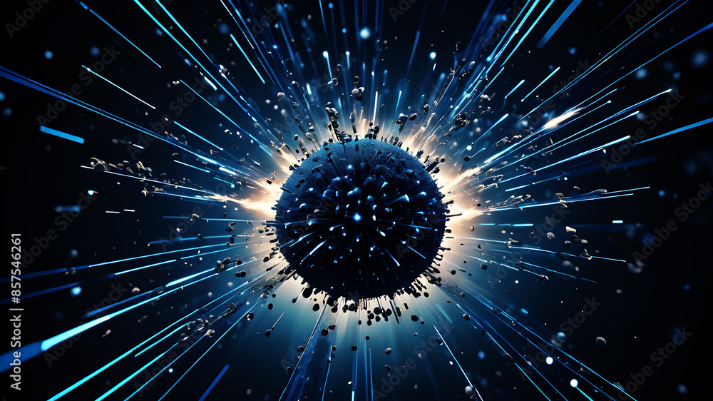 Poster a depiction of a digital network exploding outward from a central point. blue-toned lines and dots s