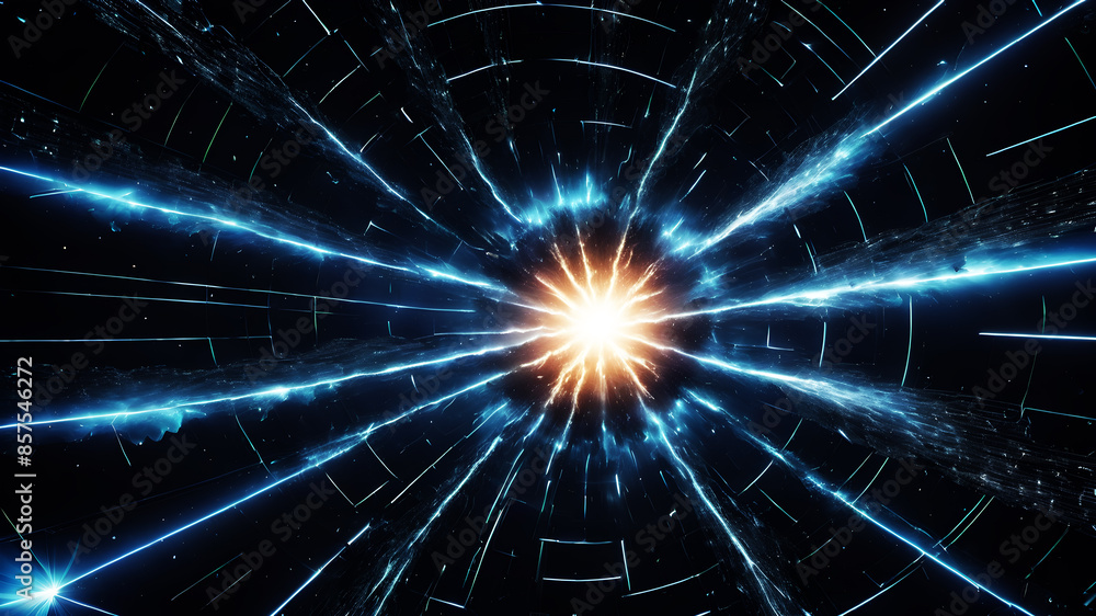 Poster a depiction of a digital network exploding outward from a central point. blue-toned lines and dots s