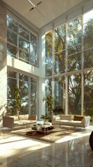 Fototapeta premium Modern living room interior with large windows and plants, sunlight streaming in. Contemporary design and relaxation concept