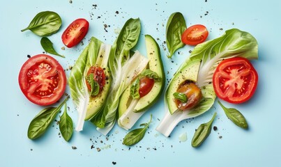 Avocado and tomato salad on endive leaves on a light blue background