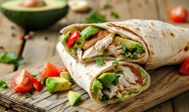 Avocado and turkey wrap on a light wooden background