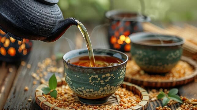 Side view of genmaicha tea being poured into a teacup, with a background of traditional Japanese decor Genmaicha Tea, traditional essence