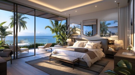 Bedroom interior is in the style of a modern luxury hotel resort, with soft bed linen and large glass windows.