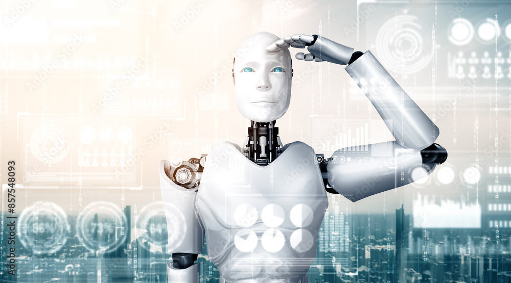 Poster mlp 3d illustration humanoid ai robot looking at hologram screen showing concept of big data analyti