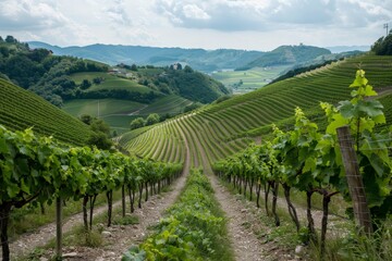 Fototapeta premium Scenic Vineyard Landscape with Rows of Lush Grapevines