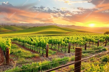 Naklejka premium Scenic Vineyard Landscape with Rows of Lush Grapevines