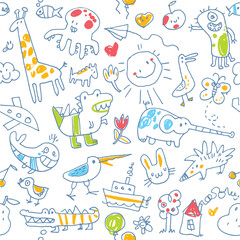 Hand-drawn kids doodle. Set of baby scribbles. Set. Funny character. Vector illustration. Isolated on white background. Seamless pattern