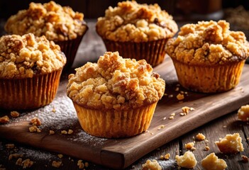 delicious crumble topped muffins freshly sweet baked goods display, topping, dessert, homemade, bakery, snack, treat, pastry, tasty, sugar, fruity, gourmet