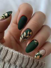 Elegant Green and Gold Matte Manicure with Leaf Motifs