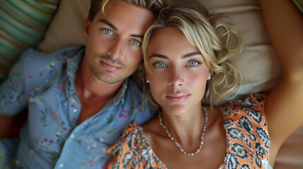 portrait of a couple arround 35 years old lying in the bed and take a selfie 