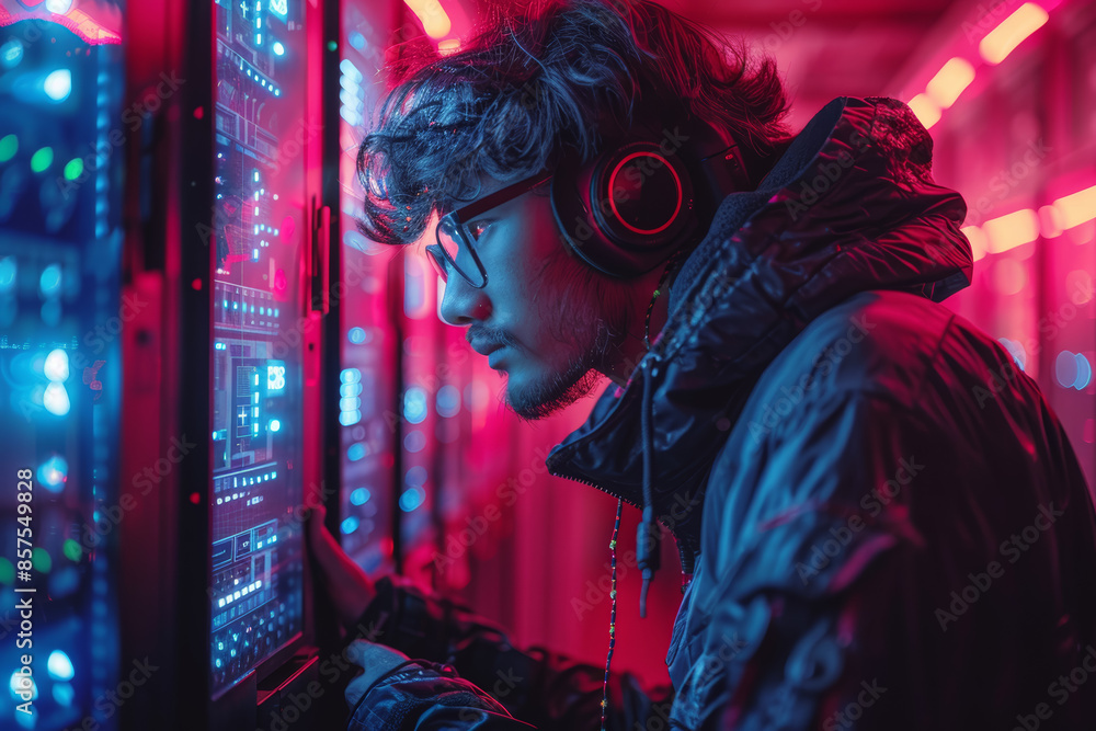 Poster a cyberpunk hacker accessing a secure network in a neon-lit room. concept of cyberpunk and technolog
