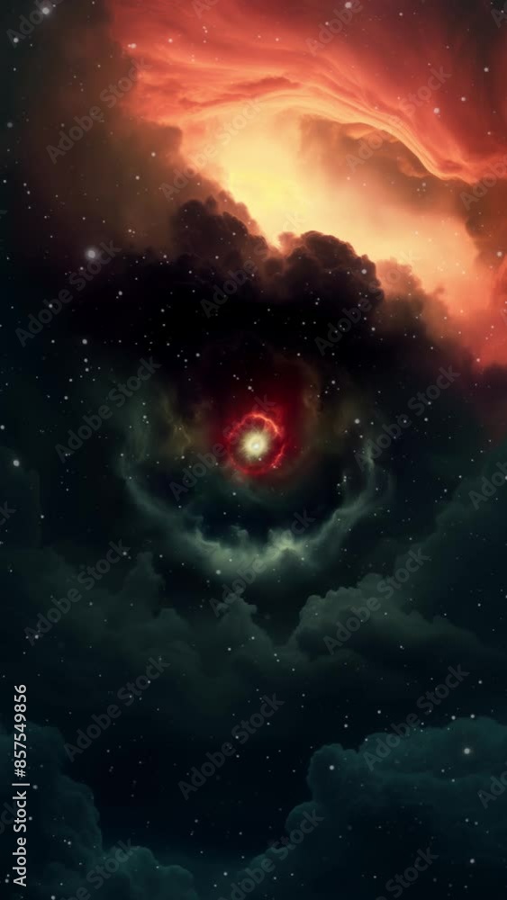 Wall mural a slow push past cosmic clouds towards a fictitious red core with energy tentacles. includes four di