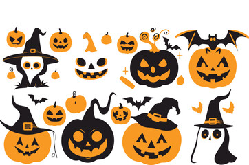 Halloween illustration with pumpkins witches bats and decor elements Sticker set of halloween
