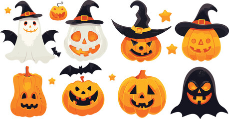 Halloween illustration with pumpkins witches bats and decor elements Sticker set of halloween
