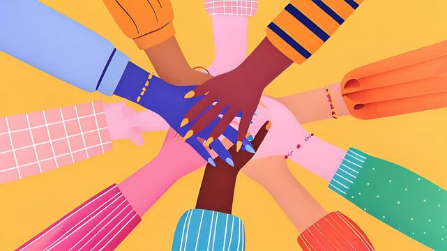 A vibrant illustration of hands from different individuals, joined together in a circle, representing unity and support