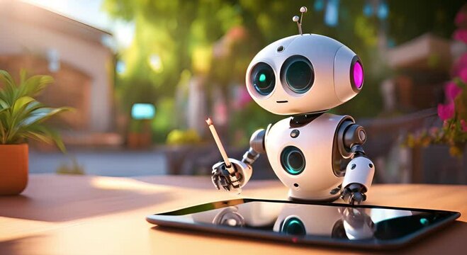 Cute little robot writes chat bot answers on smartphone