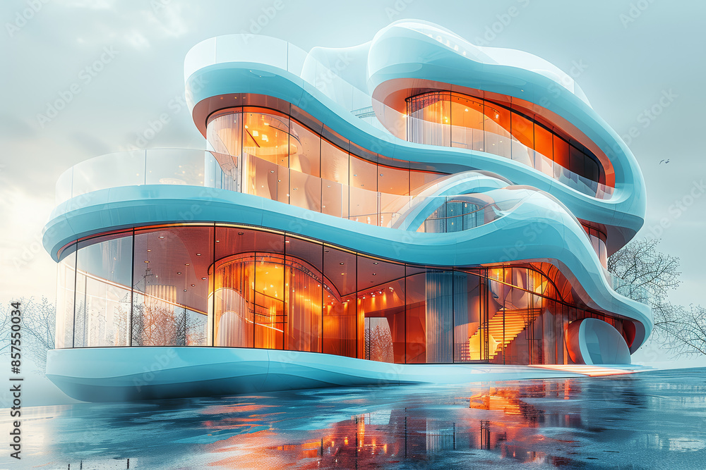 Poster a detailed architectural blueprint of a futuristic building. concept of design and innovation. gener