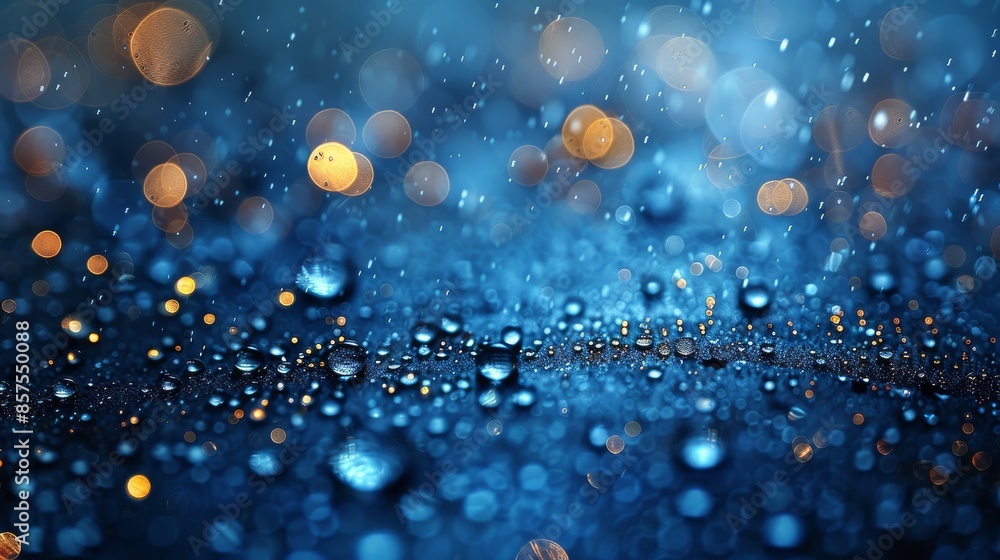 Poster artistic capture of rainwater droplets resting on a reflective blue surface, highlighted by surround