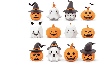 Obraz premium Halloween illustration with pumpkins witches bats and decor elements Sticker set of halloween 