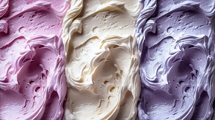 Obraz premium Three segments of pastel whipped textures in lavender, ivory, and cream, each distinguished by delicate swirls, creating an elegant and artistic visual flow.