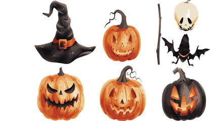 Halloween illustration with pumpkins witches bats and decor elements Sticker set of halloween
