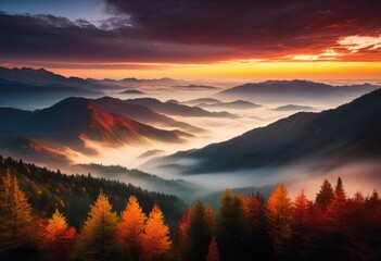 Obraz premium majestic sunrise casting warm light over misty mountain range, mountains, glowing, sky, scenic, view, horizon, peaks, shadows, valleys, landscape, scenery