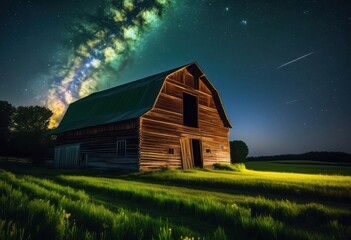 vivid starry night sky above quaint countryside barn, stars, rural, area, farm, building, structure, architecture, colorful, scenic, picturesque, tranquil