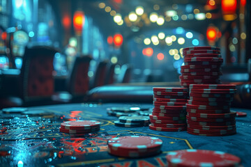 A high-stakes poker game in a dimly lit casino, capturing suspense. Concept of gaming and strategy....