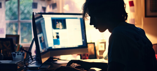 A silhouette of a young adult at a computer, with social media pages open working at night