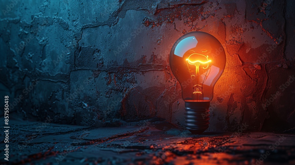 Poster a close-up of an illuminated light bulb casting a warm glow against a worn and textured wall, creati