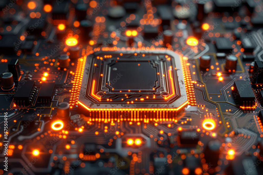 Poster a microchip with intricate circuits, showcasing technological advancement. concept of computing and 