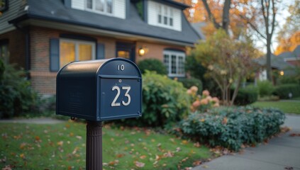 Blue mailbox with house number 23 in front of a house