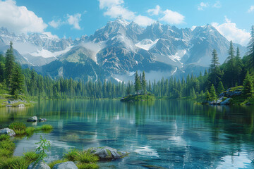 Fototapeta premium A crystal-clear lake reflecting the towering mountains around it. Concept of natural beauty and serenity. Generative Ai.