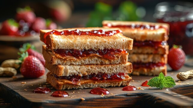 A tempting peanut butter and jelly sandwich made with toasted bread, oozing with sweet jelly and creamy peanut butter, elegantly garnished with fresh strawberries.