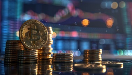 Bitcoin Stacks Against a Blurred Stock Market Background