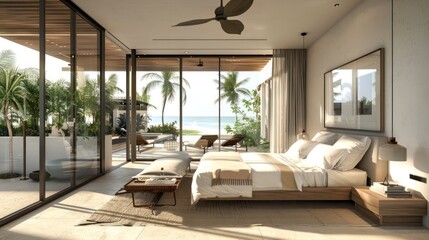 Bedroom interior is in the style of a modern luxury hotel resort, with soft bed linen and large glass windows.